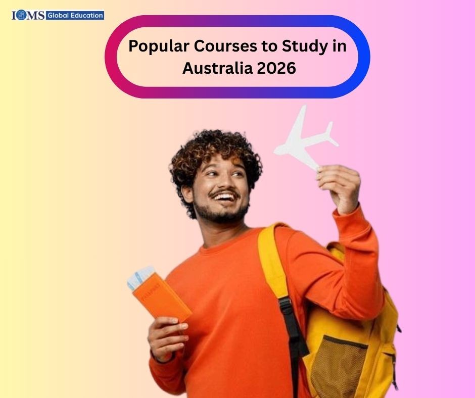 Smiling curly-haired student holding a passport and paper airplane with “Popular Courses to Study in Australia 2026” banner and ISMS Global Education logo.