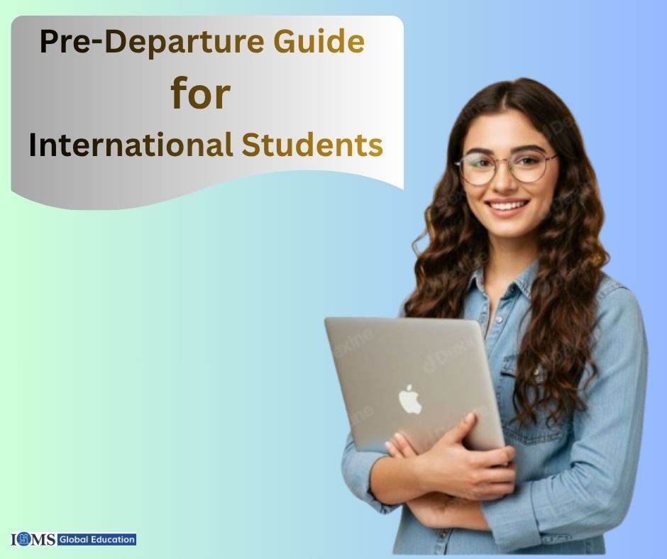 Pre-departure guide for international students by ISMS Global Education featuring a student holding a laptop, preparing to study abroad.