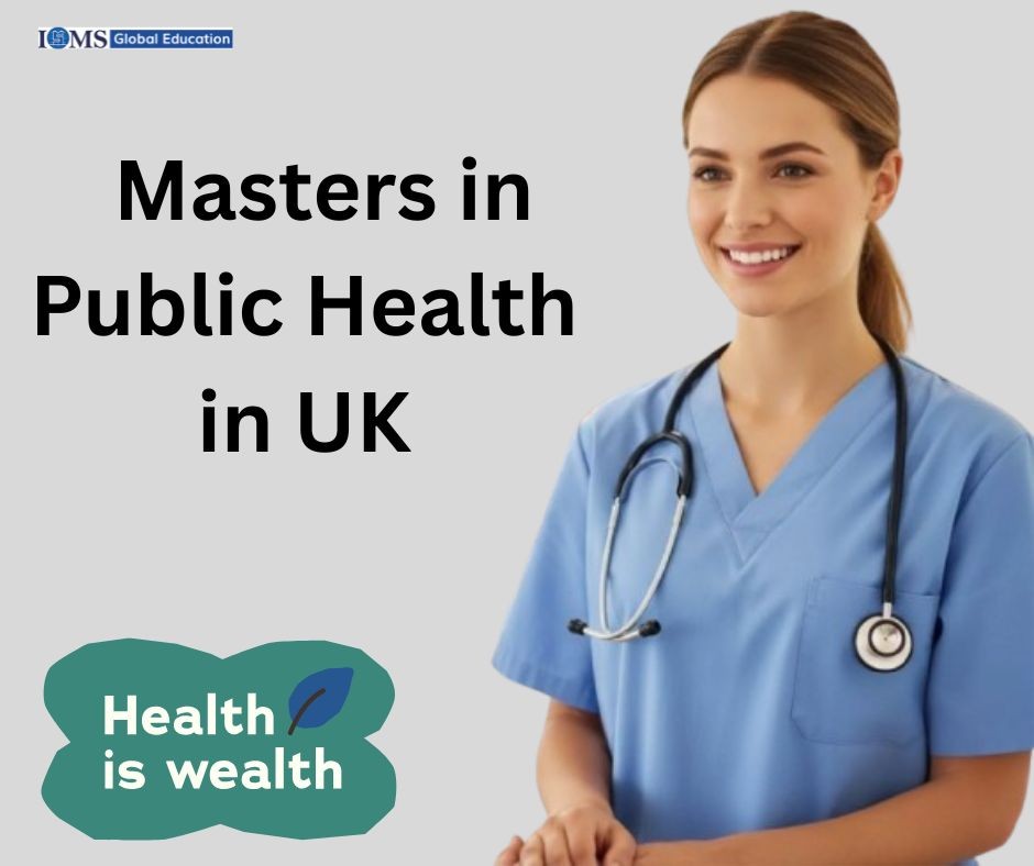 Public Health in UK guide by ISMS Global Education featuring a healthcare professional exploring master's study opportunities