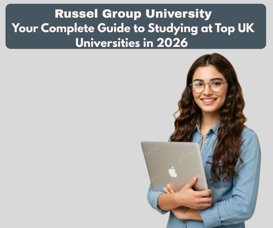 Russel Group University guide 2026 banner with a female student holding a laptop, representing studying at top UK universities