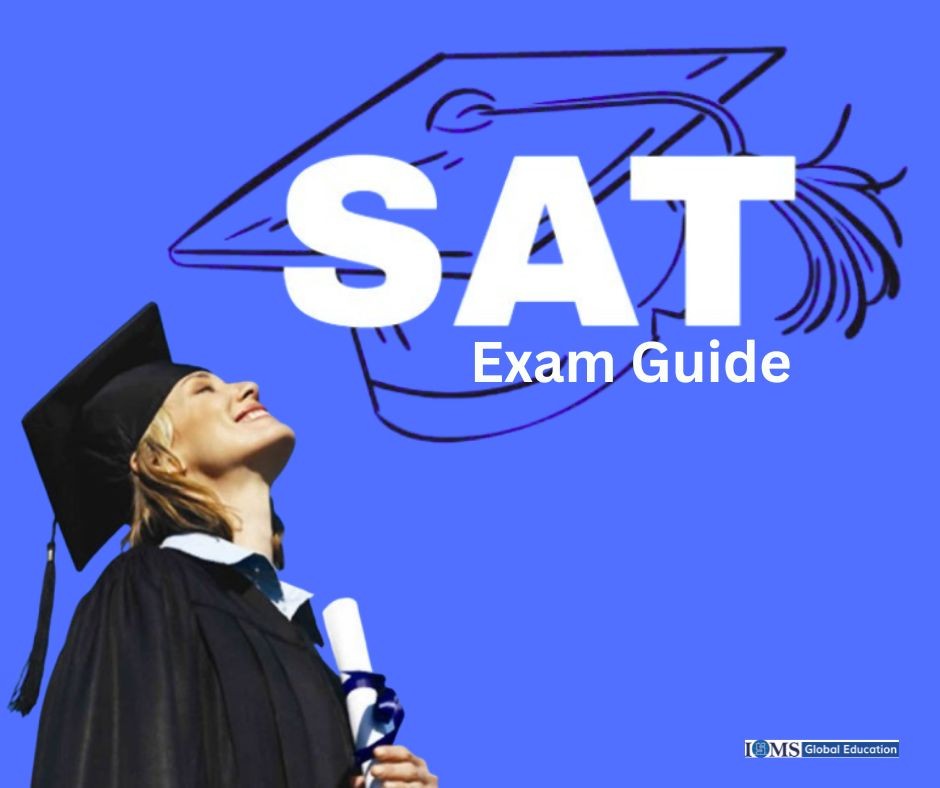 Student in graduation cap holding a diploma with SAT Exam Guide title, symbolizing SAT Exam success for study abroad.