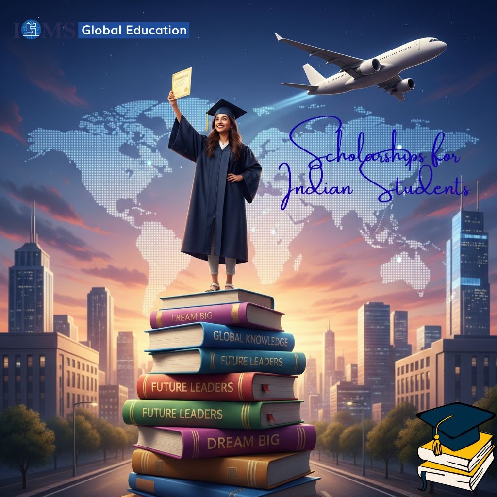A vibrant illustration showing an Indian student in a graduation gown and cap, standing triumphantly on a tall stack of labeled books and holding a scholarship certificate. An airplane flies overhead against a sunset sky with a world map overlay, symbolizing global education opportunities
