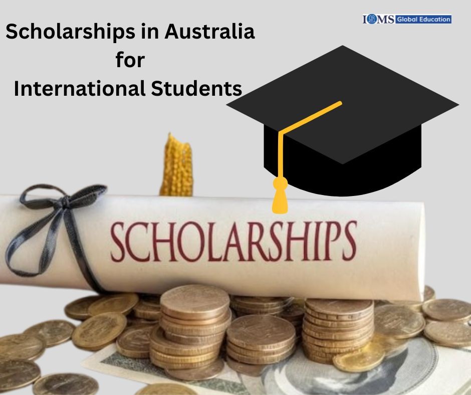 Scholarships in Australia for International Students banner featuring a graduation cap, scholarship certificate, and coins symbolizing education funding.