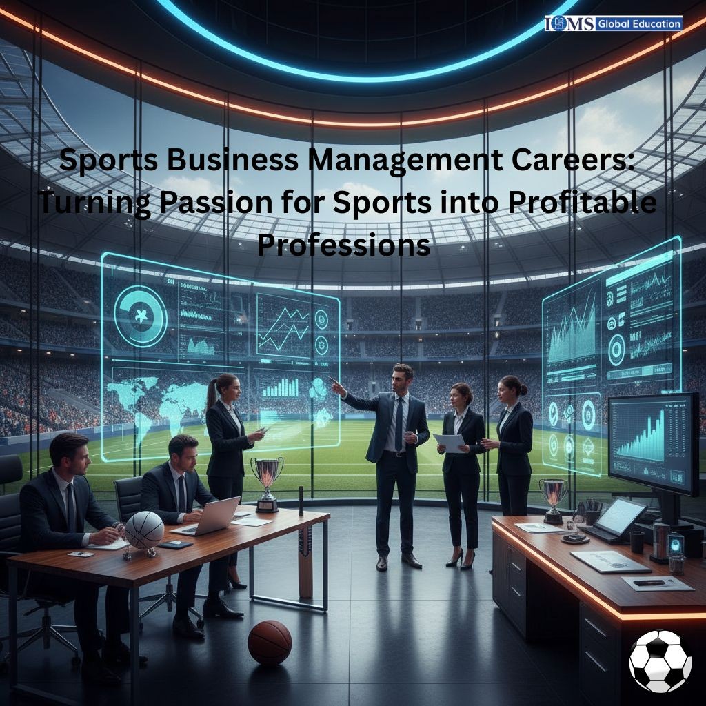 A group of diverse professionals in formal business attire working in a modern, glass-walled office that overlooks a large, packed sports stadium. Bold text at the top reads, Sports Business Management Careers: Turning Passion for Sports into Profitable Professions, with the ISMS Global Education logo in the corner