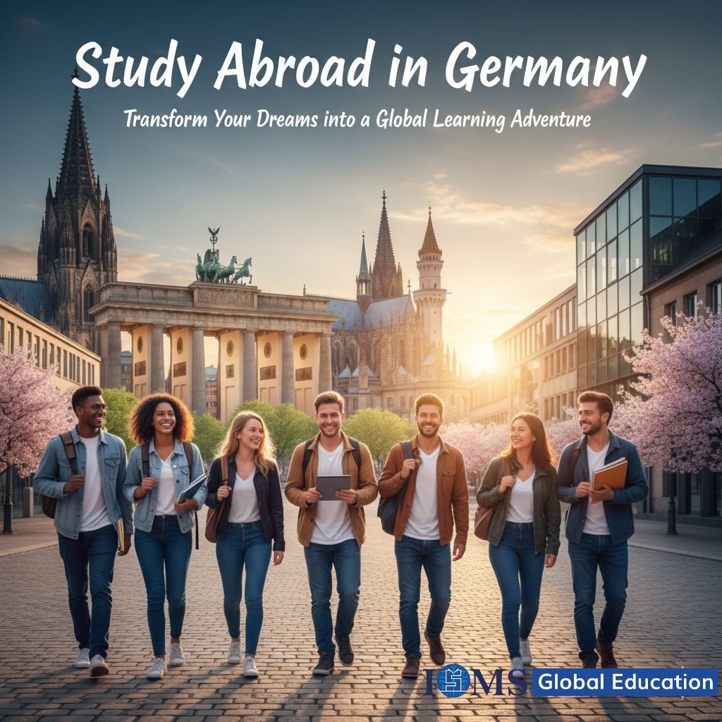 A diverse group of students walking towards the viewer on a street at sunset in a German city.The students are smiling, carrying backpacks and notebooks, suggesting a successful day of studying or exploring. Cherry blossoms are blooming on trees lining the street. ISMS Global Eduaction logo is located in the right of the corner