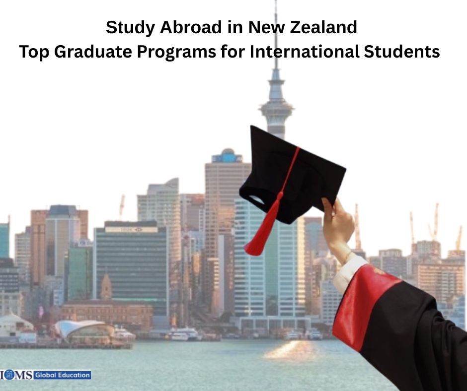Graduation cap over Auckland skyline for stduy abroad in New Zealand, top graduate programs for international students