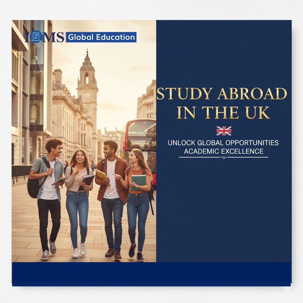 Four diverse, smiling young adults (two men and two women) walking down a cobblestone street in a UK city. They are casually dressed and carrying books, suggesting they are university students. In the background, there is a large clock tower, classic architecture, and a red double-decker bus. The right side of the image has a dark blue overlay with text: 