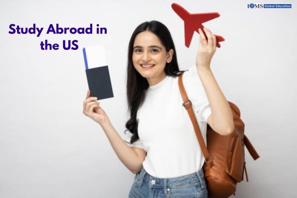 An Indian student, smiling while holding a travel permit. She holds a Passport & ticket in one hand and a toy red plane in the other.  She symbolizes her journey abroad, starting from the process of choosing the university to the stage of adapting to US life. The image features the text “Study Abroad in the US” in bold letters and includes the ISMS Global Education logo in the top right corner.