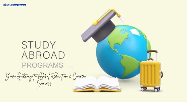 The image features a globe wearing a black graduation cap, alongside a yellow suitcase and an open book. Large grey text on the left reads 