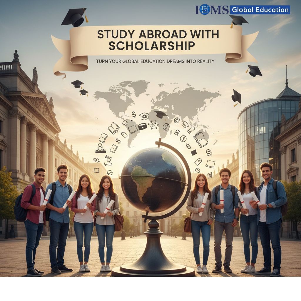 Group of diverse, smiling students holding diplomas and standing in front of a large globe and historic buildings, overlaid with the text 