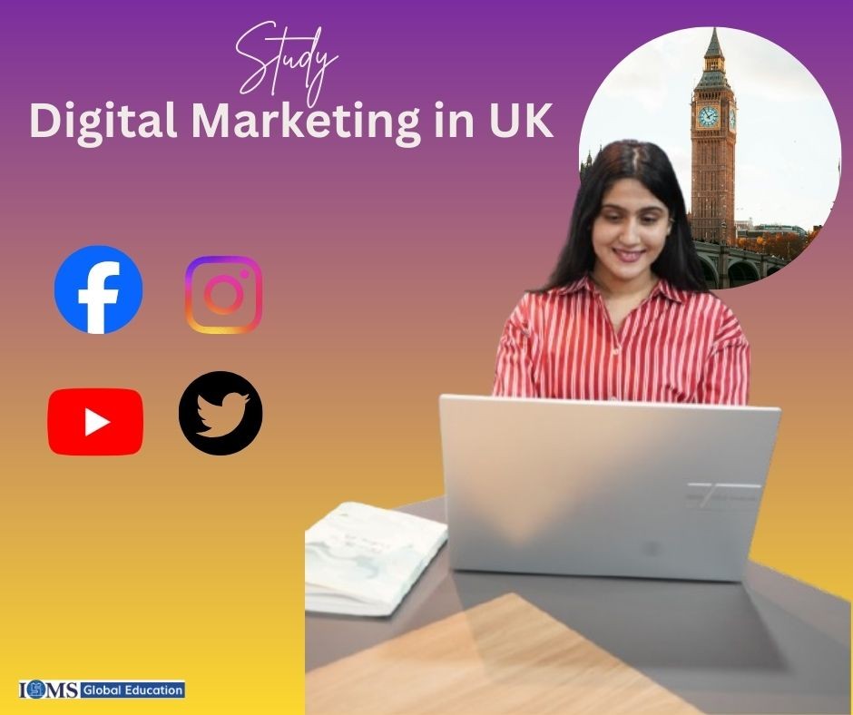 A student using a laptop against a purple and yellow gradient background, featuring the text “Study Digital Marketing in UK,” with an image of London’s Big Ben and the ISMS Global Education logo placed in the bottom-left corner