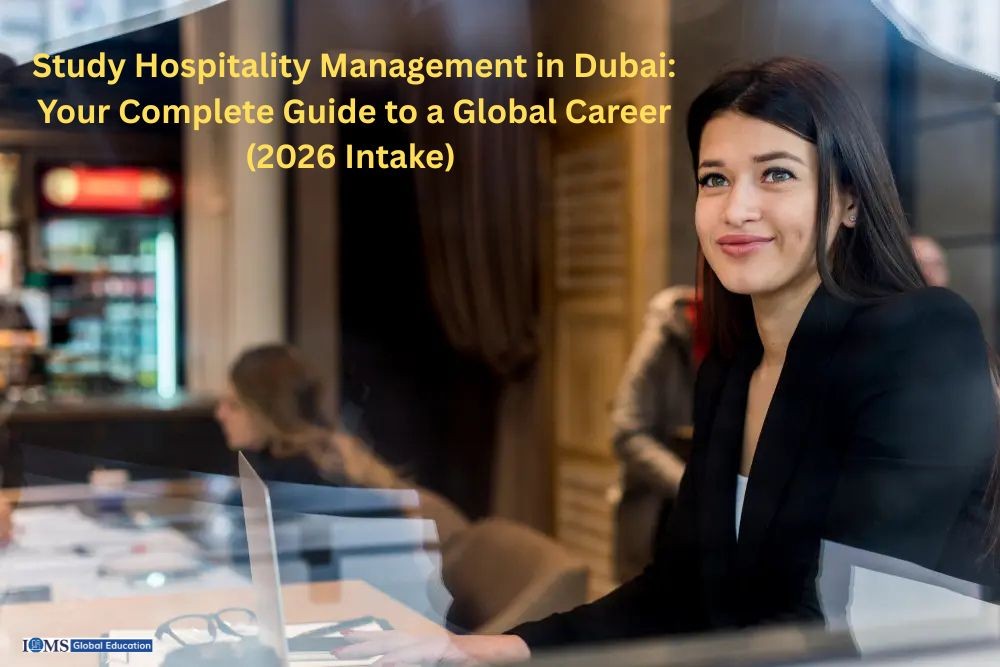A clean promotional graphic showcasing a confident young professional working on a laptop in a modern setting,  highlighting global career aspirations. The visual represents “Study Hospitality Management in Dubai: Your Complete Guide to a Global Career (2026 Intake)”, with the ISMS Global Education logo placed in the bottom-left corner for brand visibility.