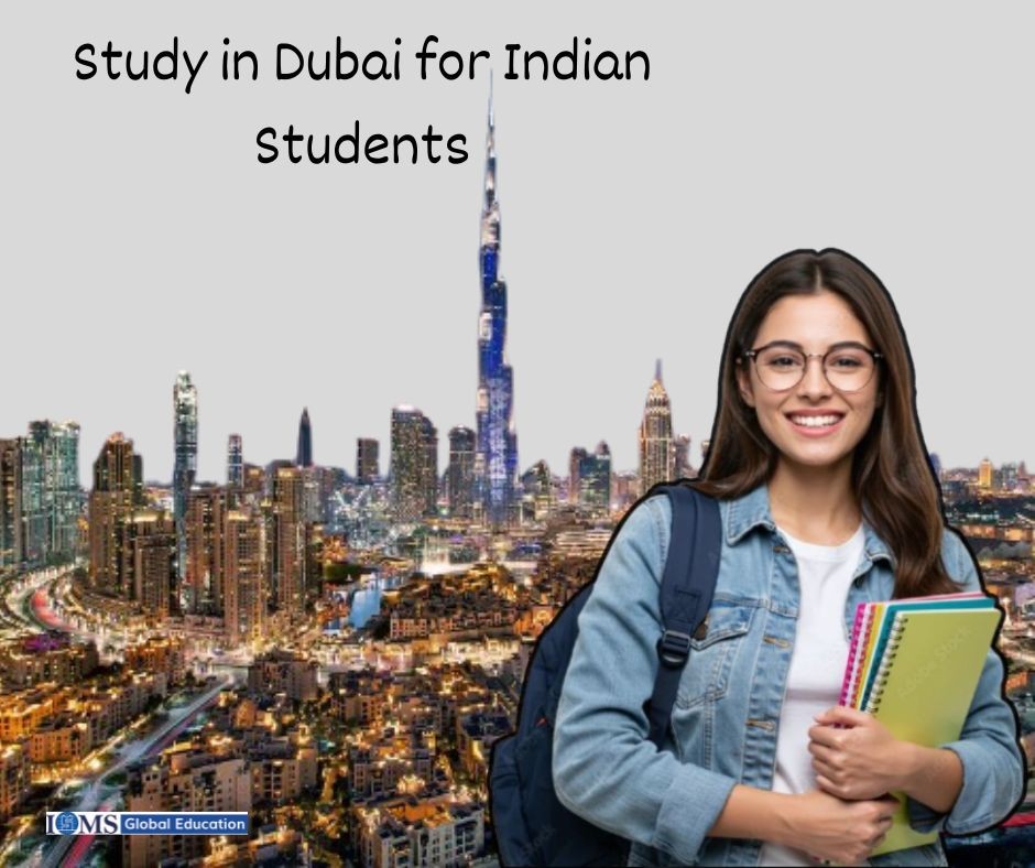 A smiling young woman with glasses and a denim jacket holds colorful notebooks and a backpack. Behind her is a lively Dubai cityscape, with the text 