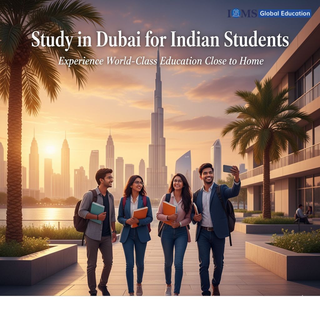 A group of smiling students walking together on a sunny outdoor campus with the modern Dubai skyline, including the Burj Khalifa, in the background during sunset. Text overlay reads: 