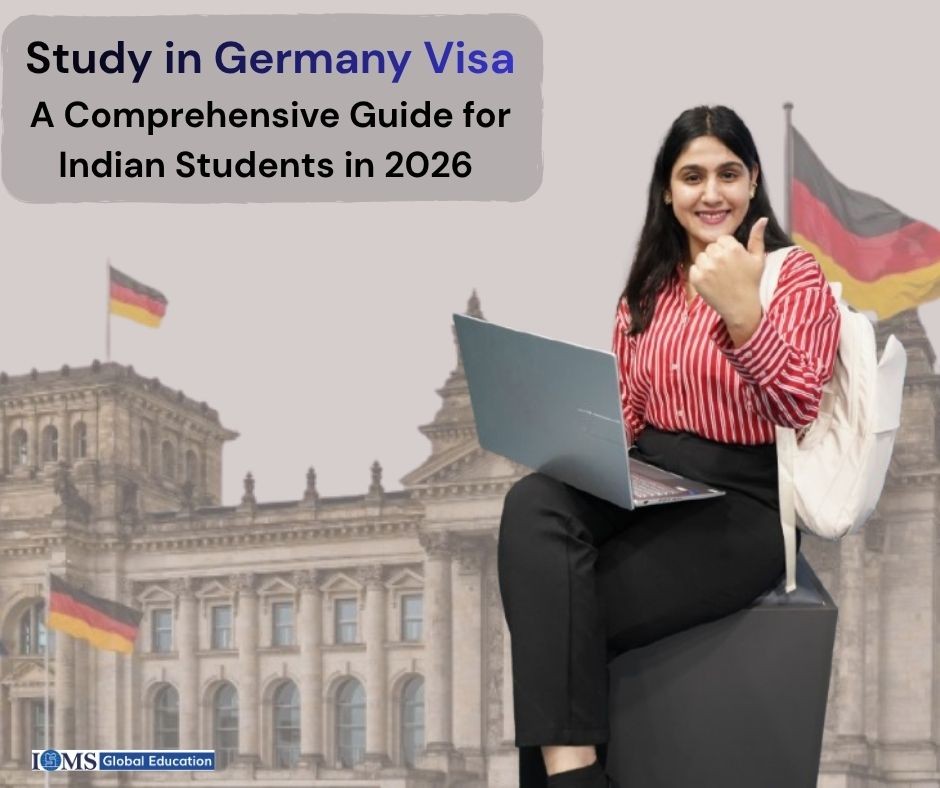 Study in Germany Visa guide for Indian students 2026 with student holding laptop and Germany background flags