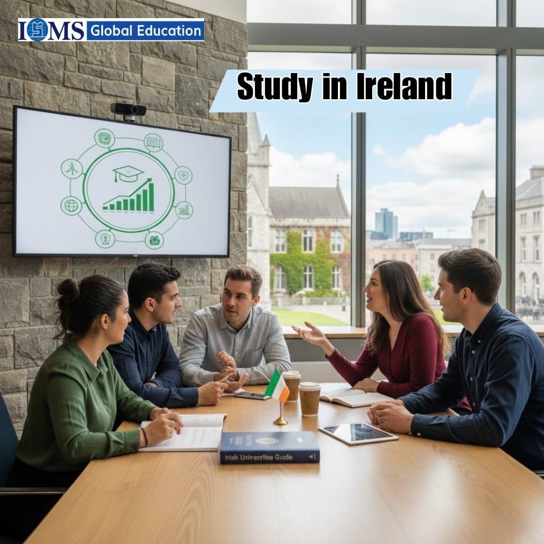 A group of students discusses study options in Ireland at a table with an 