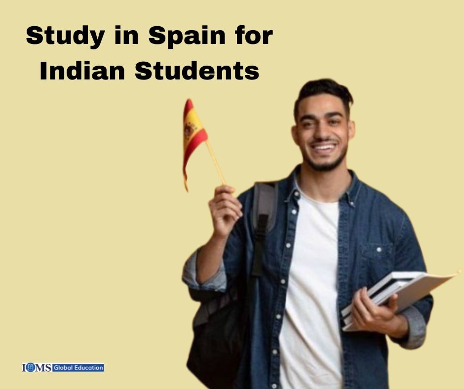 Study in Spain for Indian students with a smiling international student holding a Spain flag and study materials.