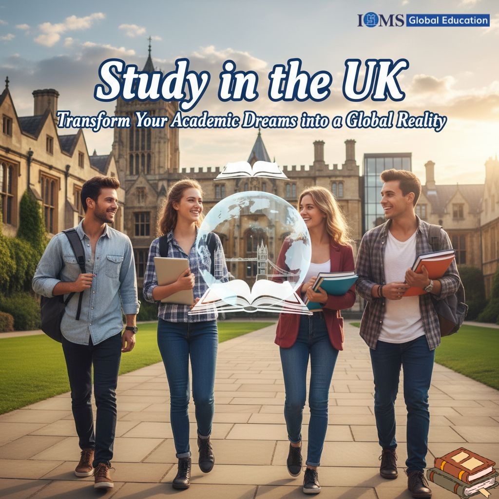 Four smiling students walking through a beautiful, historic UK university campus. Above them, glowing books and a globe symbolize global education and the title is  