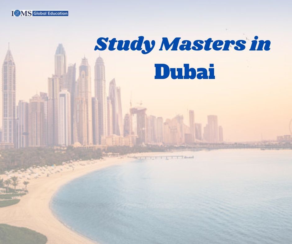 Study Masters in Dubai 2026 banner with Dubai skyline, beach view, and ISMS Global Education branding for global students.