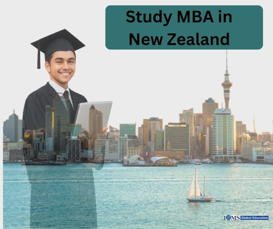 Graduate student promoting MBA in New Zealand with Auckland skyline background for international students and study abroad opportunities.