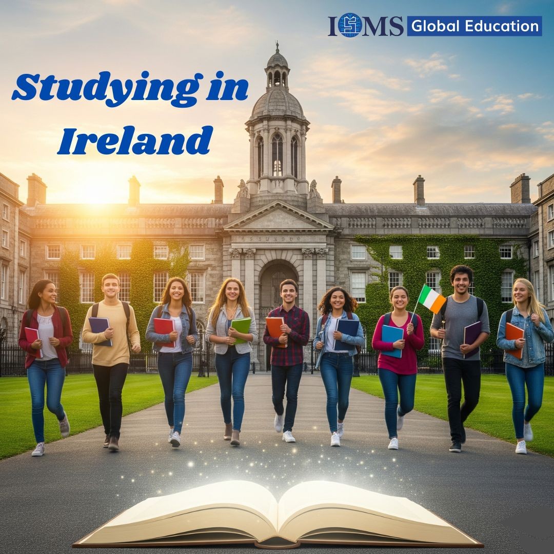 International student in Ireland near a university campus with books, symbolizing education, growth, and a successful academic journey.