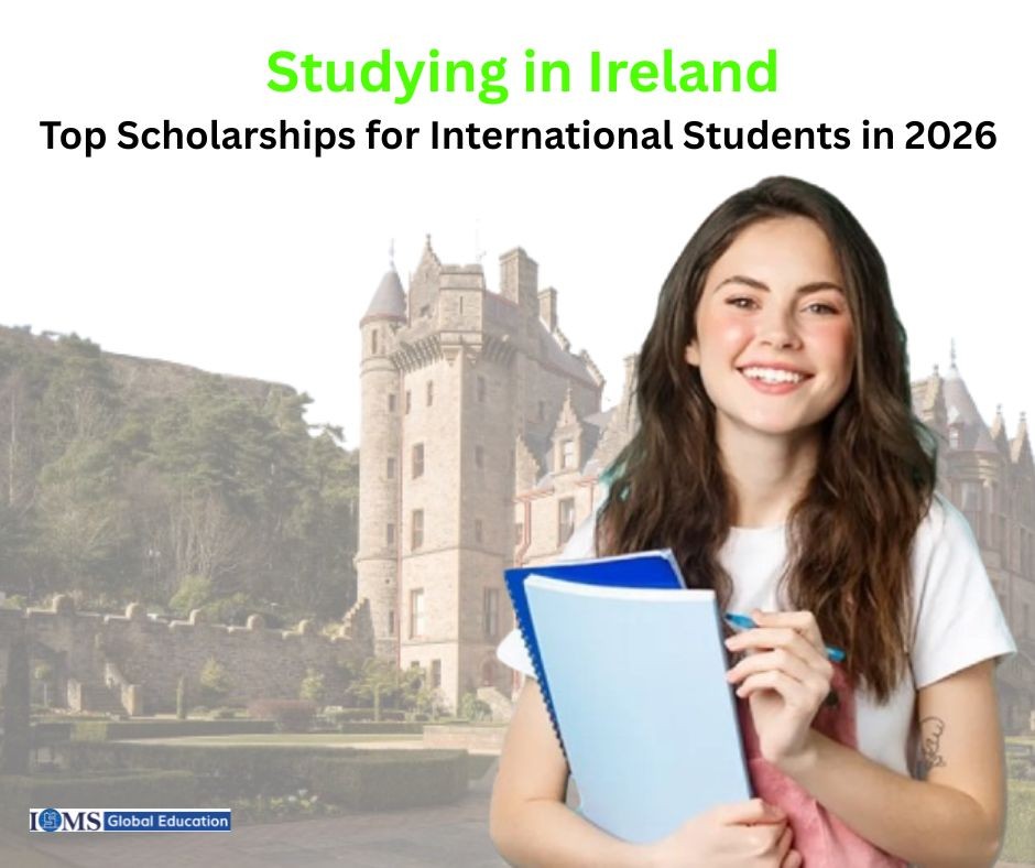 Young international student holding books in front of an Irish castle promoting studying in Ireland and top scholarships for international students in 2026.
