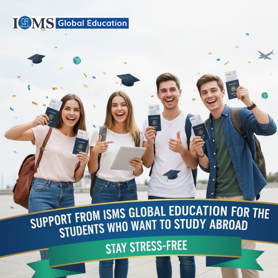 Four joyful students holding passports and visas, giving thumbs-up, surrounded by confetti, graduation caps, and globes. Logo: ISMS Global Education. Title: 