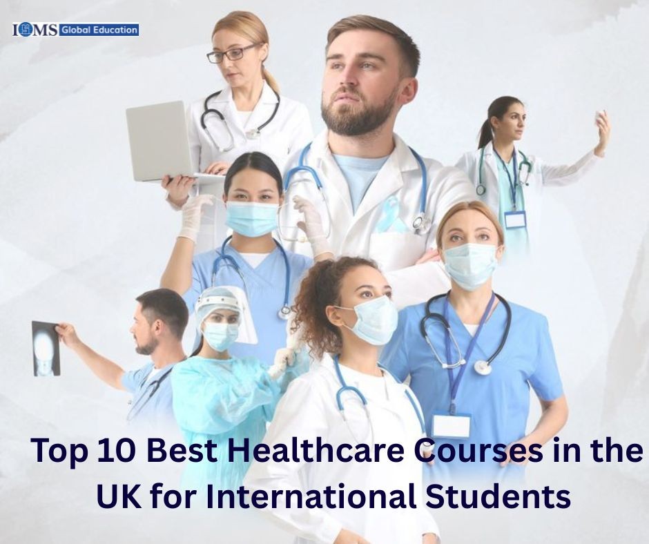 International students exploring healthcare courses in the UK with doctors, nurses, and medical professionals.