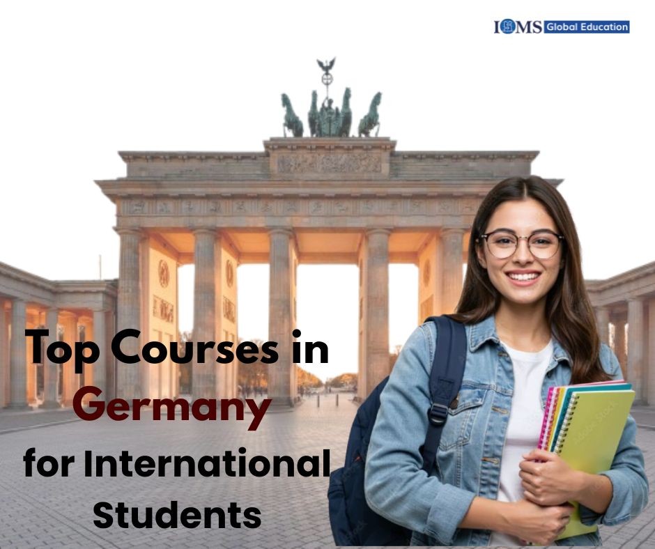 Top courses in Germany for international students with student and Brandenburg Gate background, study abroad concept