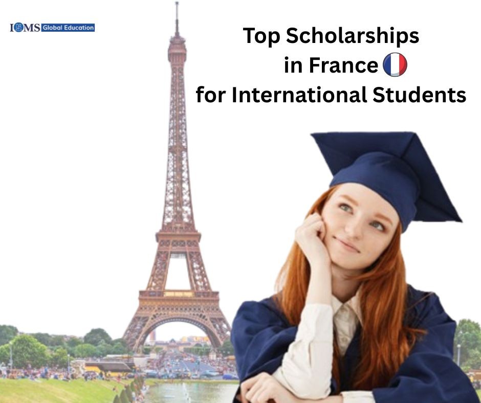 Student exploring scholarships in France for international students with Eiffel Tower background and graduation theme.