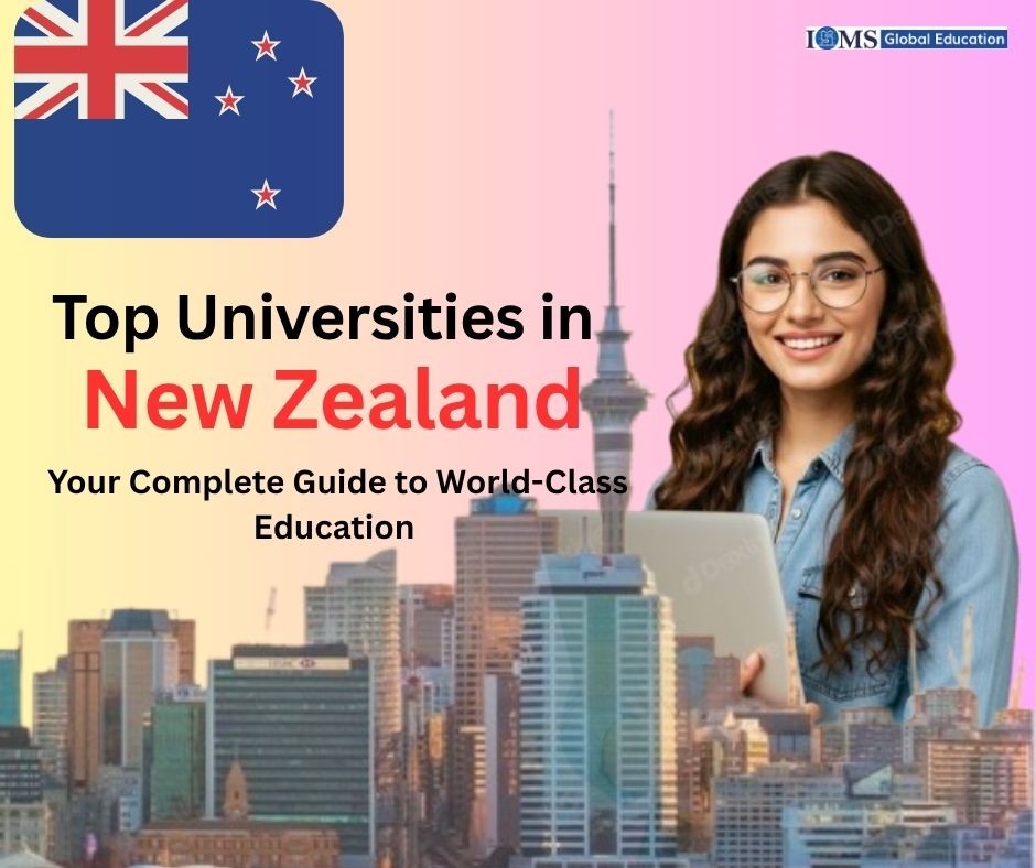 Top universities in New Zealand guide with student holding laptop and Auckland skyline background for study abroad education