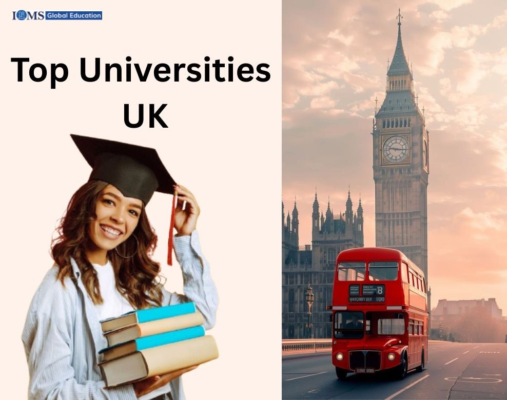 Top Universities UK guide featuring a graduate student and London landmarks, helping Indian students explore study opportunities in the UK.