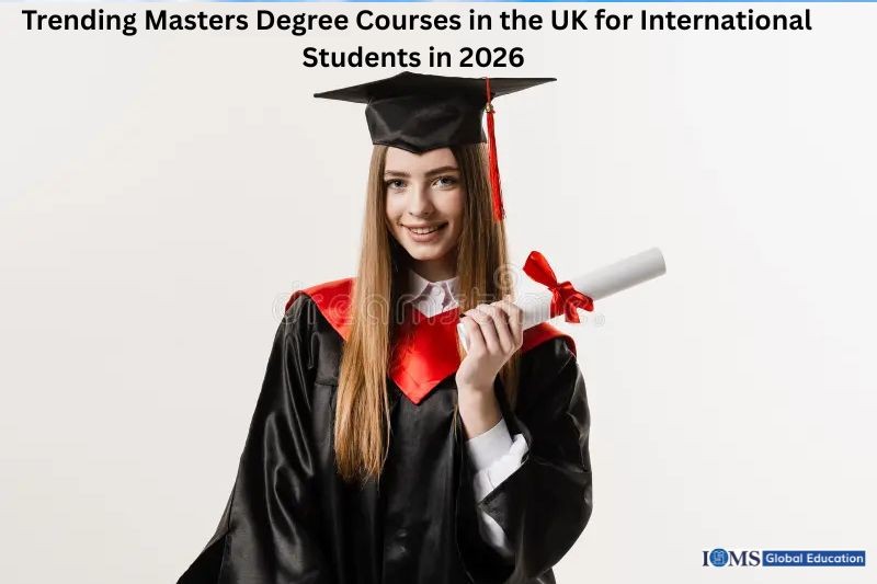 A smiling female graduate wearing a black academic gown with a red tassel, holding a rolled diploma tied with a red ribbon. The image includes the header text 