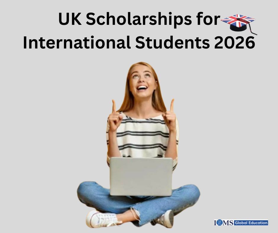 Student with laptop pointing up, representing UK scholarships for international students 2026 opportunities and study abroad dreams
