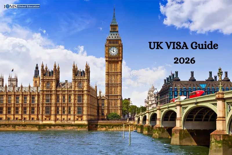 A scenic daytime view of  Big Ben in London, taken from across the River. The text 