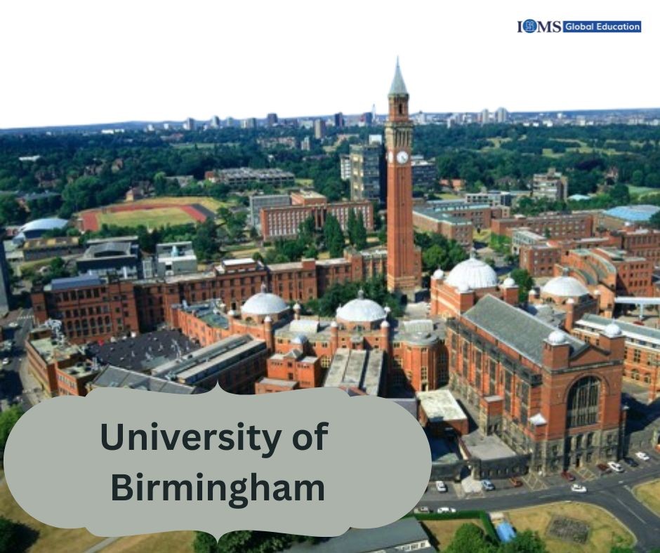 Aerial view of the University of Birmingham campus showcasing its iconic clock tower, highlighting the University of Birmingham for international students.