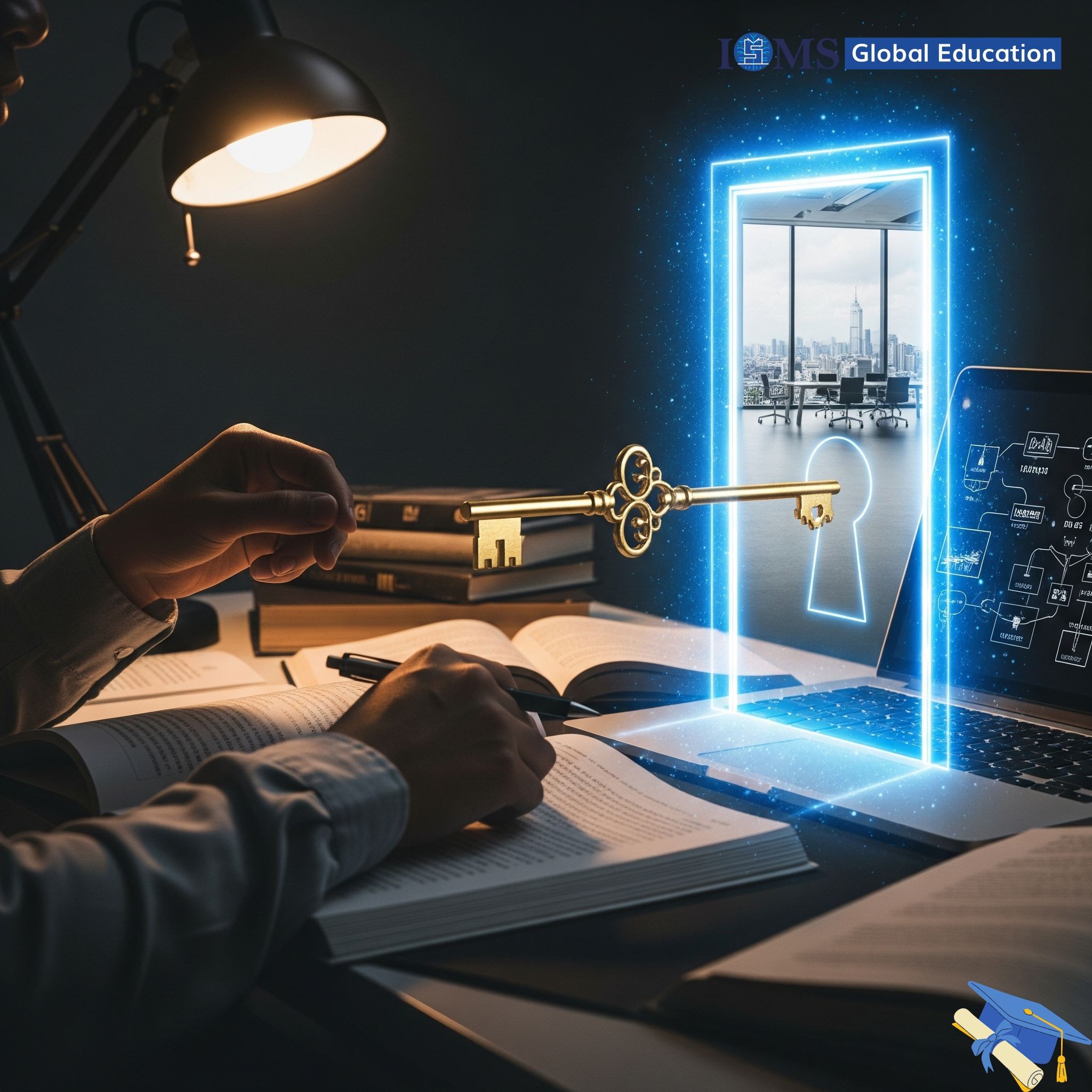A digital art image showing a person studying at a desk. The desk is lit by a lamp and has books, notes, and a laptop. A large golden key is floating, about to be inserted into a keyhole that is part of a glowing, ethereal doorway on the laptop screen. The logo of 