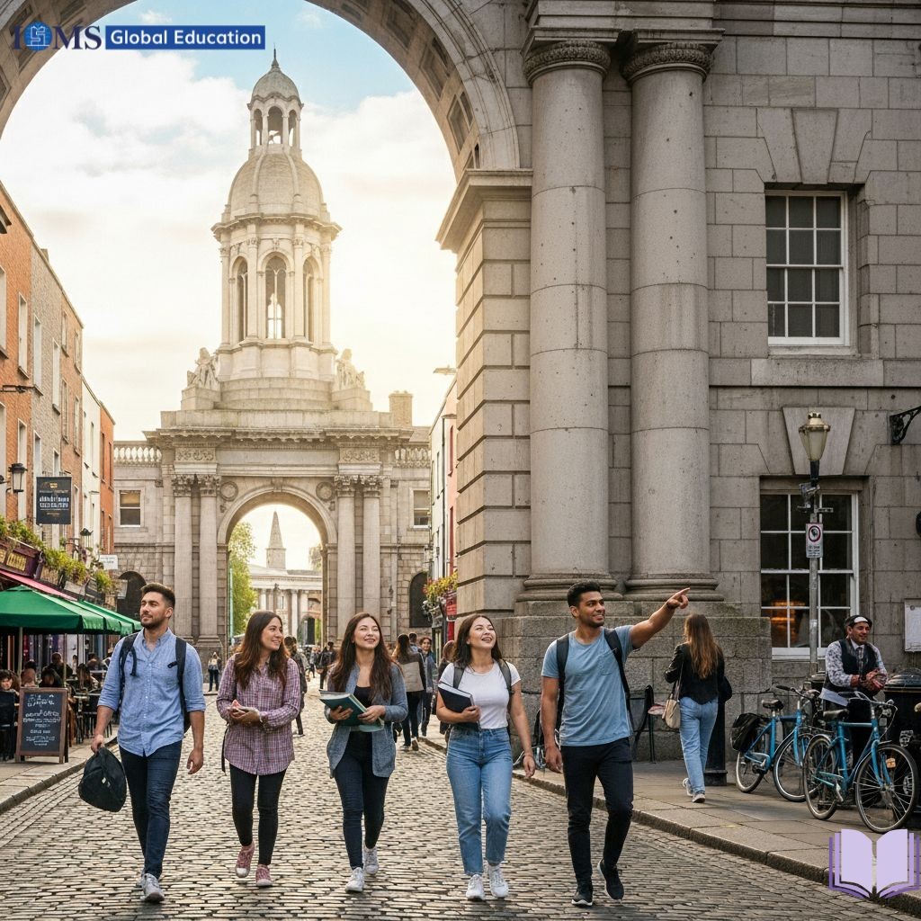 Four diverse students, two male and two female, walk down a street in Dublin. In the background, Trinity College's iconic arched entrance are visible under a bright sky. The students are smiling and happy to start their new journey with ISMS Global Education,