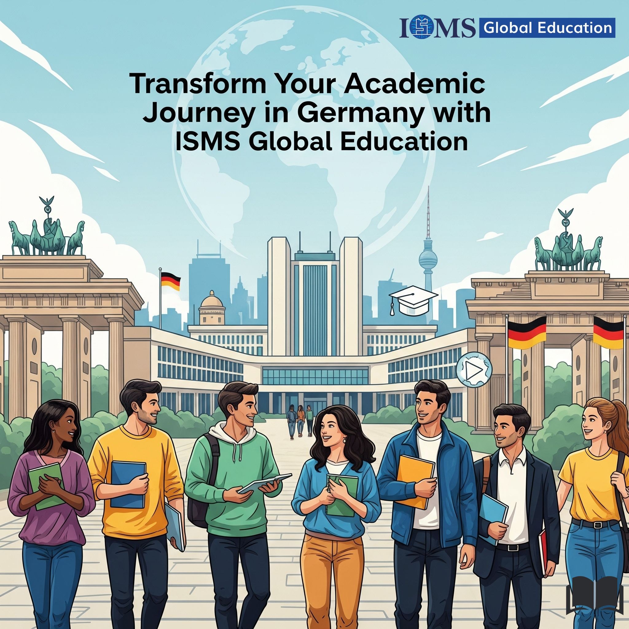 A group of seven students, holding books and tablets. The IMS Global Education logo is in the top right corner. The text 