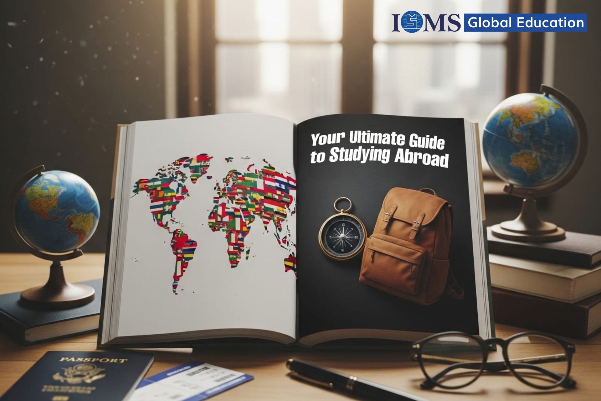 your ultimate guide to studying abroad write on a book, a bag, a globe, passport symbolizing career success