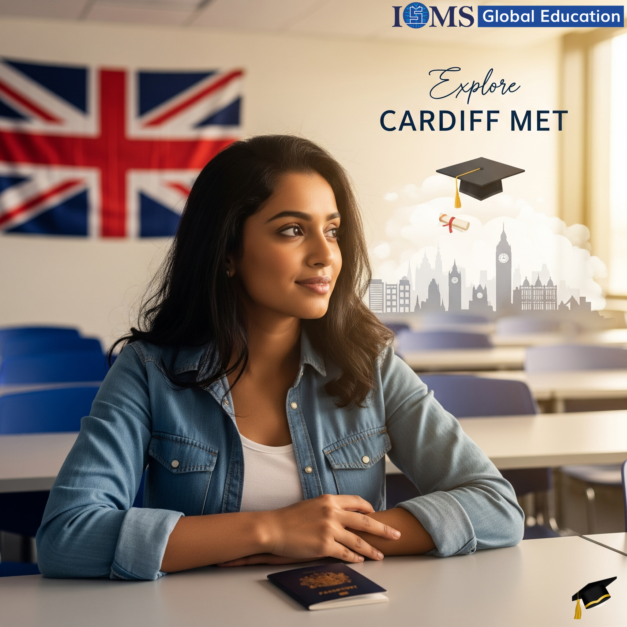 An enthusiastic international student exploring the vibrant campus of Cardiff Metropolitan University in the UK, representing global education opportunities with ISMS Global Education.
