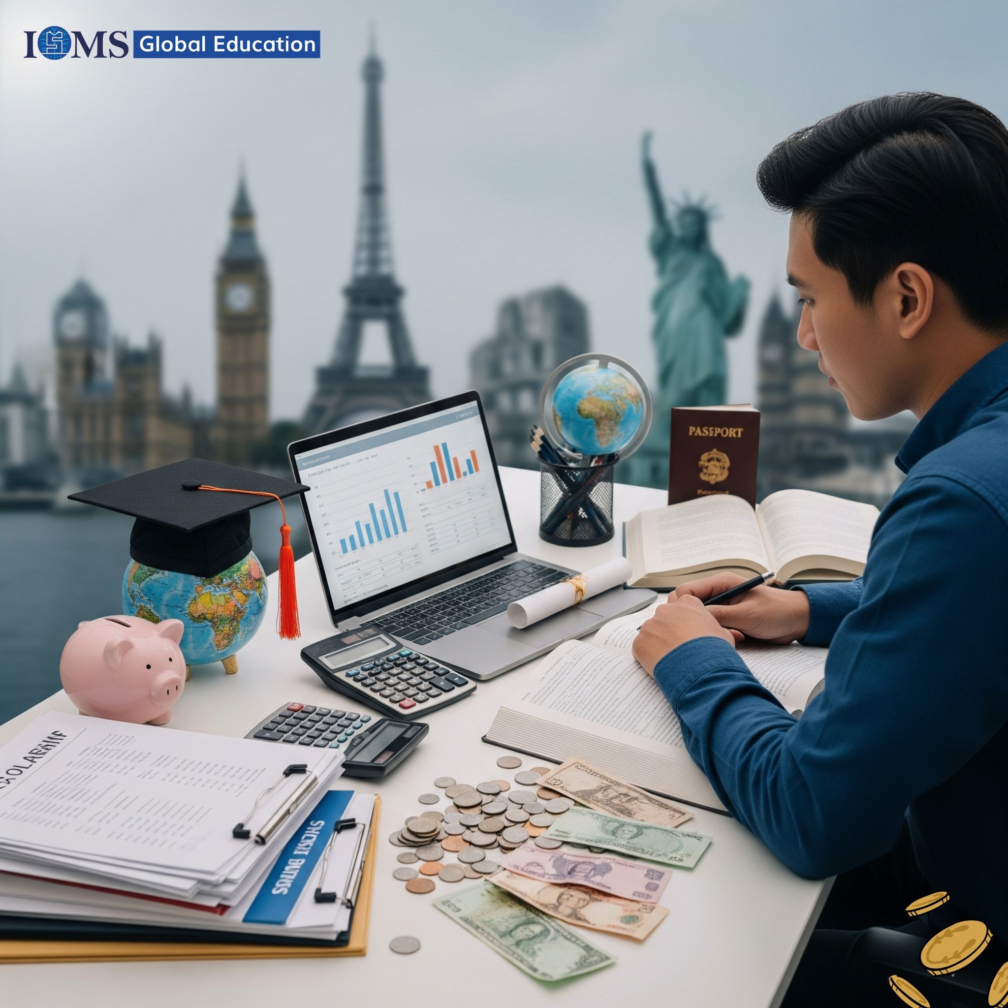 A male international student sits at a desk, working on a textbook with a calculator. The desk is cluttered with items representing global education and financial planning, including a laptop showing a financial chart, a passport, a graduation cap on a globe, a piggy bank, and scattered international currency. The background is a blurred image of the Eiffel Tower, Big Ben, and the Statue of Liberty.