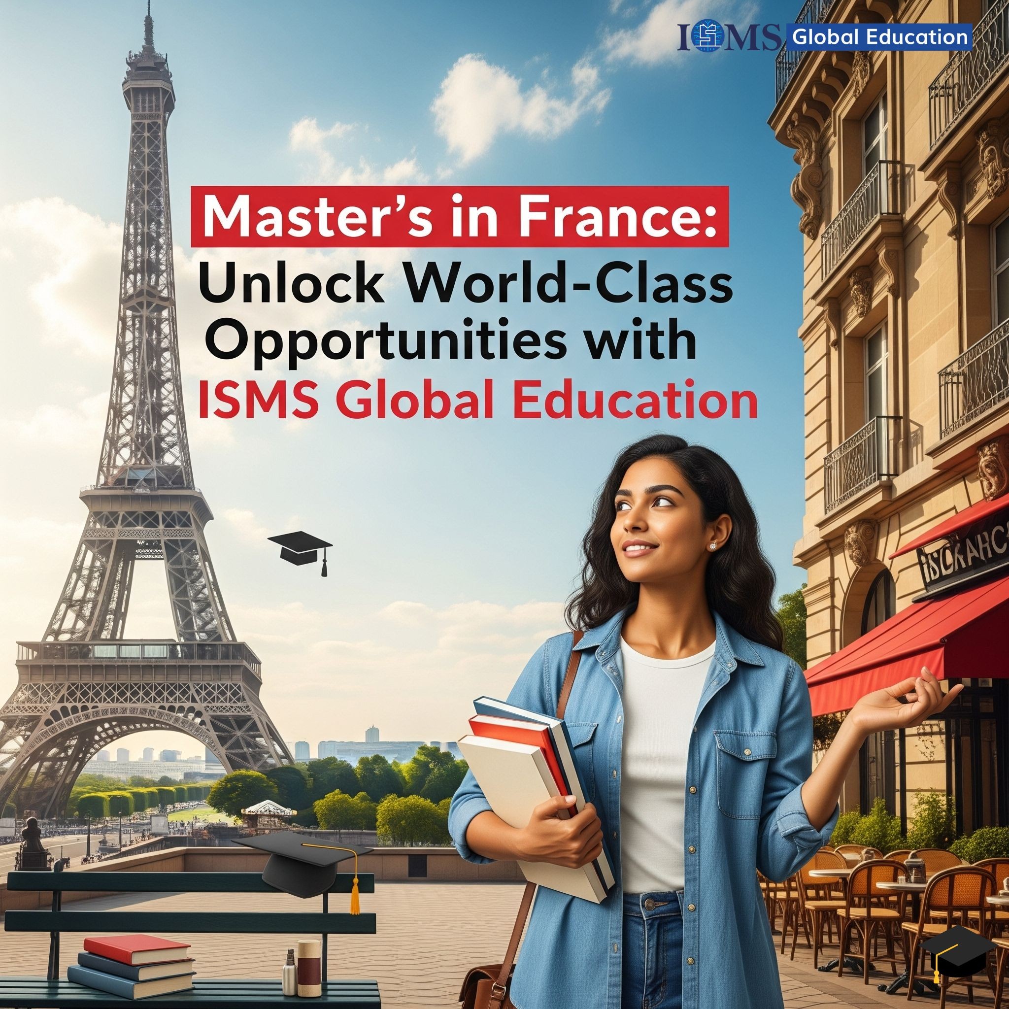 A  young international  holding books and gesturing confidently, standing in a Parisian street. The Eiffel Tower is in the background, with more books and a graduation cap. The title 