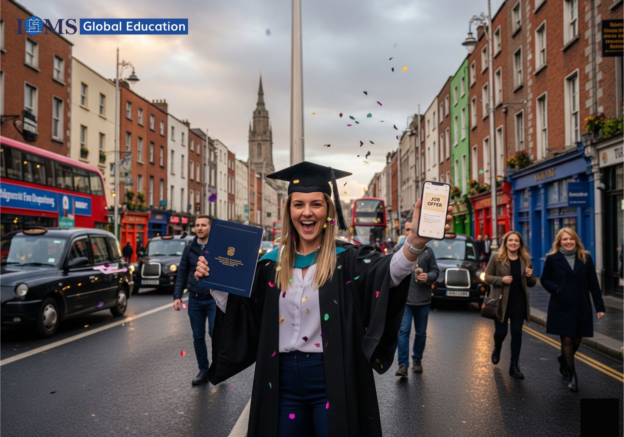 A recent graduate in a cap and gown joyfully celebrates in a Dublin street, holding a diploma and a phone displaying a job offer.