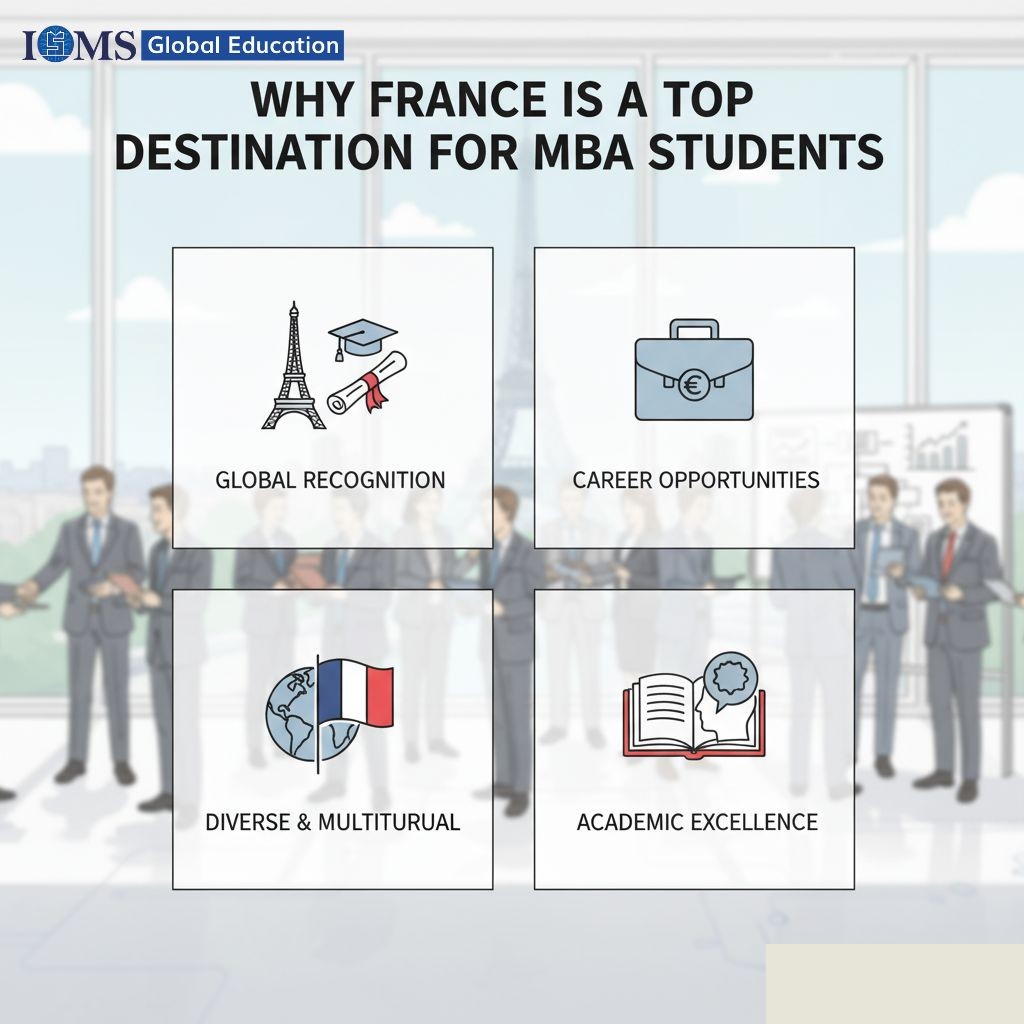 A Title is Why France is a Top Destination for a MBA students, The top left icon shows the Eiffel Tower with the label of Global recognition, career opportunities,  academic excellence. The ISMS Global Education logo is in the top left corner.