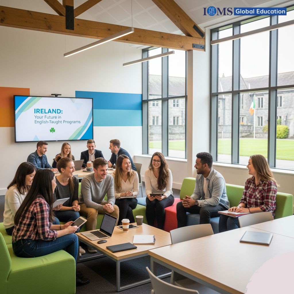 A diverse group of happy international students are laughing and talking together in a modern, sunlit common area at an Irish university. They are holding laptops and tablets. In the background, a large screen displays 