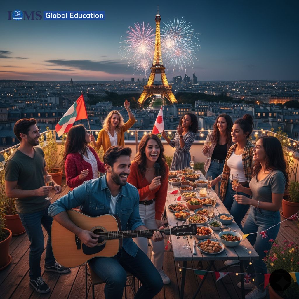 A diverse group of international students, they are celebrating, laughing, enjoying with food. One man  is playing  a guitar and a woman is using a mike. The Eiffel tower firecracks in the background and Logo of ISMS Global Education is in the left of the corner.