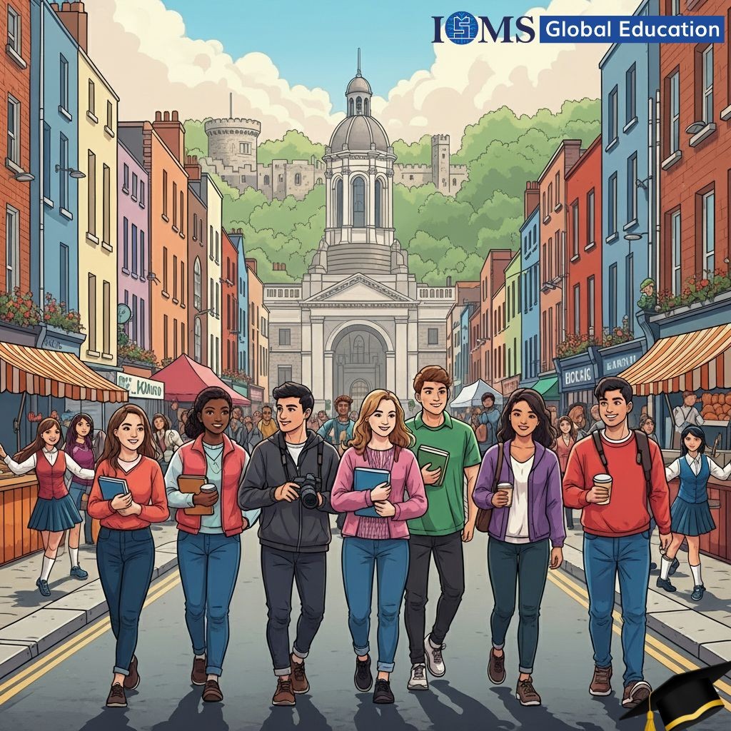 A vibrant, colorful scene of international students enjoying a street festival in Ireland. A diverse group of students walks toward the viewer on a street, smiling and holding books, cameras, and coffee cups.