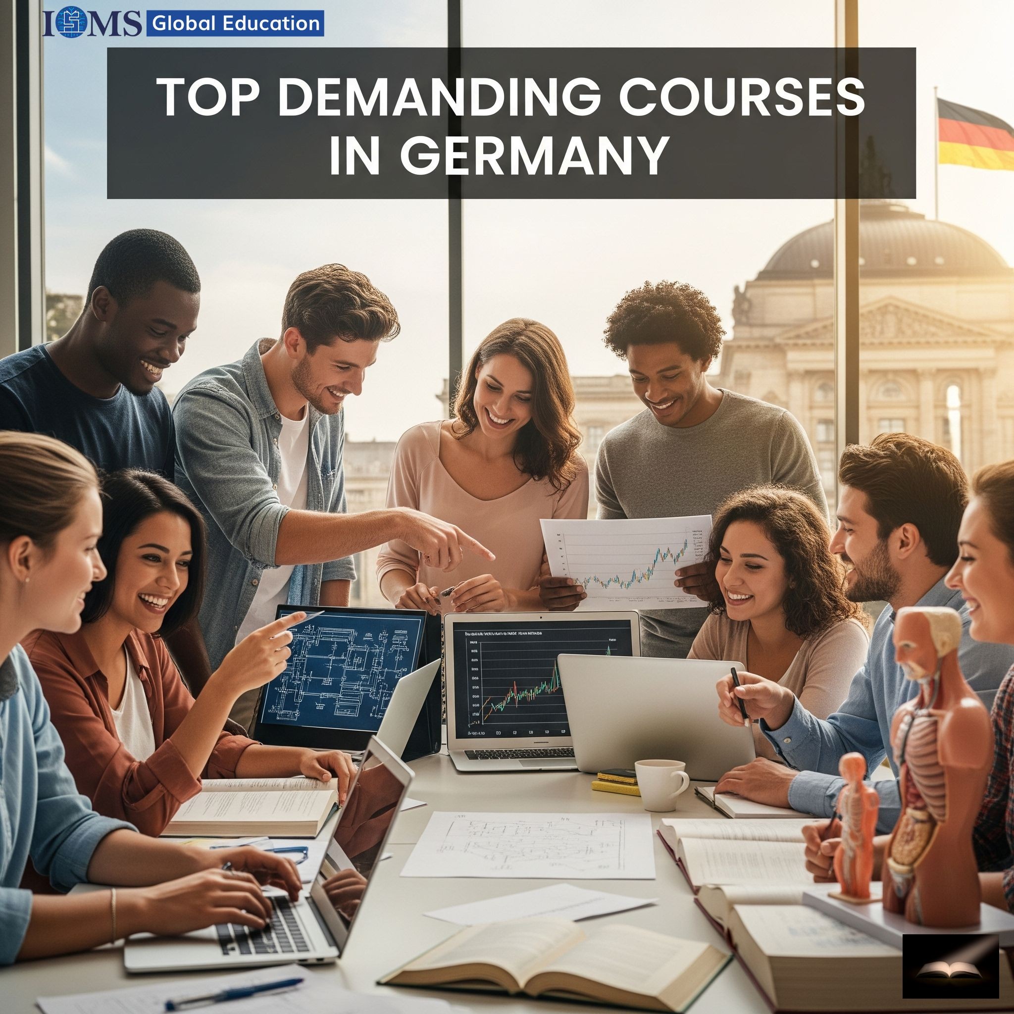 A group of smiling, diverse international students are gathered around a table in a modern study space. They are collaboratively working on laptops and looking at charts, graphs, and a blueprint on a monitor. The image has the title 