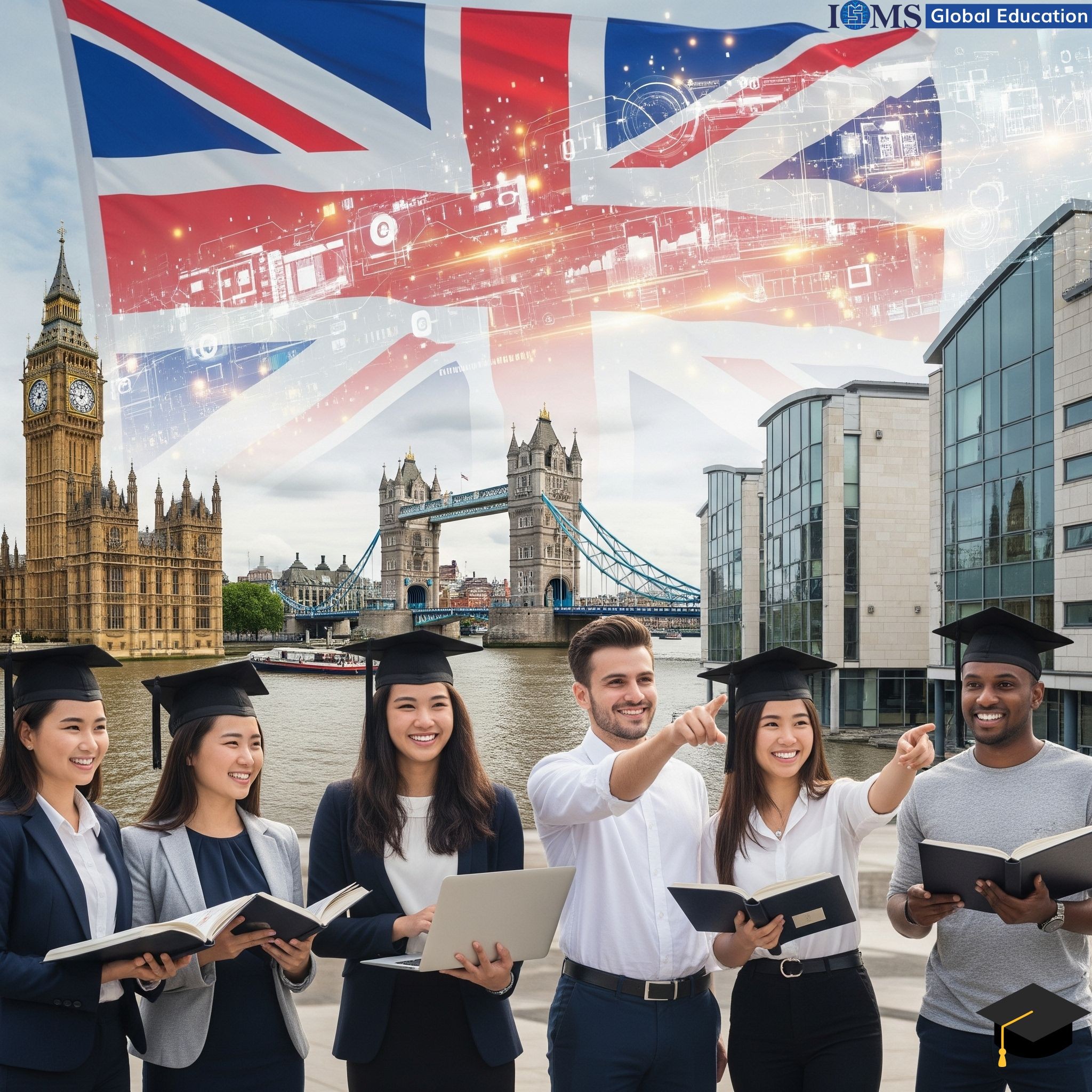 A group of smiling, diverse international students wearing graduation caps and holding books and a laptop. They are standing in front of a composite background that includes the UK flag, and the Tower Bridge. The image also has the logo ISMS Global Education